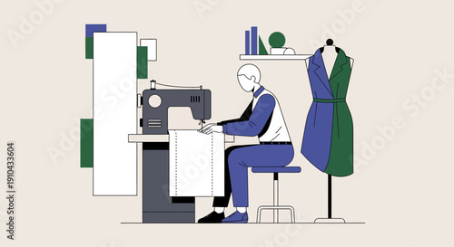 Tailor diligently working on a sewing machine in a fashion studio with a dress form nearby