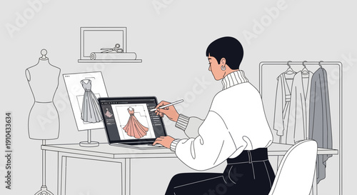 Fashion designer digitally illustrating a new dress design on a laptop with a stylus in a modern studio.