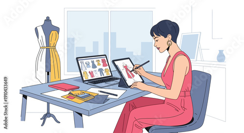 Fashion designer creates new dress designs on tablet and laptop in a modern office studio