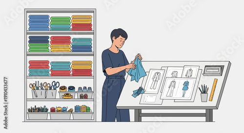 Fashion designer carefully inspecting fabric at a table with sketches of clothing designs.