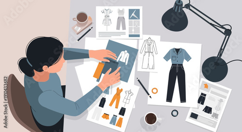 Fashion designer at work with sketches and clothing designs spread across a desk