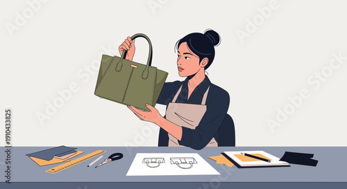 Female fashion designer examining a handbag prototype with sketches and tools on her work desk