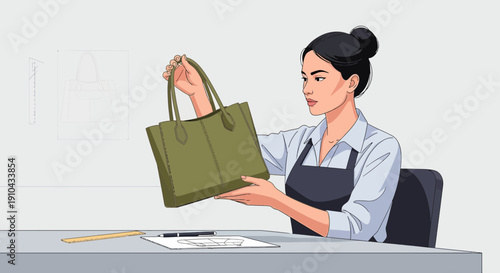 Fashion Designer Inspecting a Green Handbag While Reviewing a Sketch on a Desk