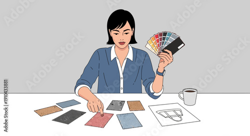 Creative fashion designer selects fabric swatches and colors for bag design project