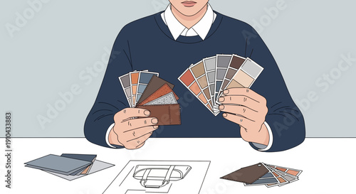 Designer holding color and material swatches with bag sketch on table