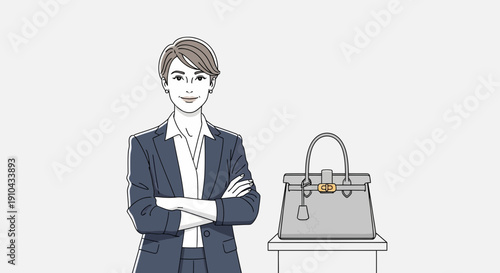 Confident professional woman in a suit standing beside a stylish grey handbag