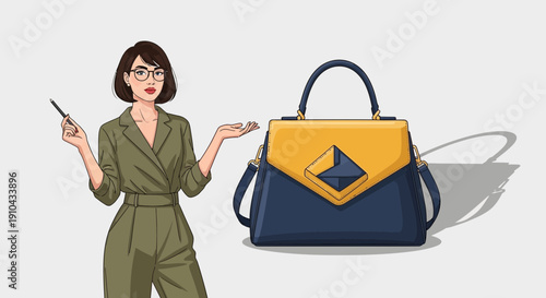 Stylish woman presenting a two-tone blue and yellow handbag, showcasing fashion and accessory choices.