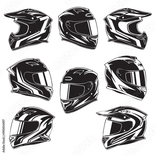Collection of different types of motorcycle helmets for safety and protection