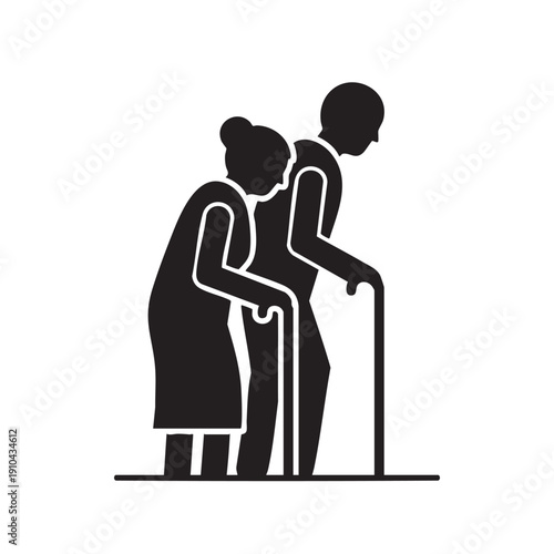 Elderly couple walking with canes silhouette vector illustration for health care