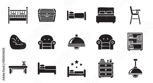Furniture icons collection representing bedroom living room and dining room design