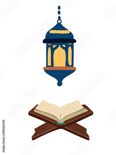 islamic holy book on stand with decorative lamp