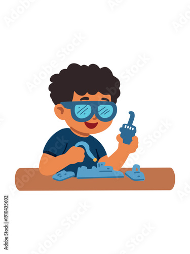 child inventor building creative device in classroom