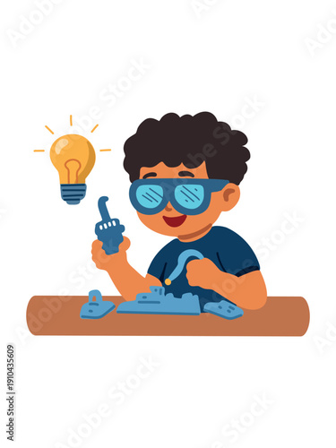 young kid inventor working on science project in laboratory