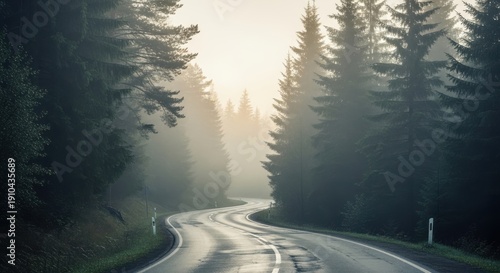 Winding forest road in misty morning light atmospheric landscape for travel and nature themes serene drive through evergreen trees