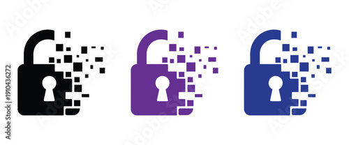 padlock icon. security   Lock icon collection. Colorful padlock icons with digital pixels for security concepts. Digital security padlocks with pixelated effect. 