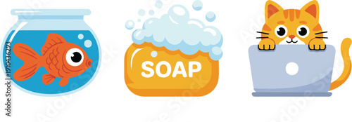 Playful Cartoon Illustration Set  Fish in Bowl, Soap Bar, and Laptop Cat