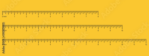 Ruler scale, measuring chart with 8 and, 10, 12 inches with numbers. Set of length measurement distance, height, math. 8inch, 10 inch and 12inch sewing tool