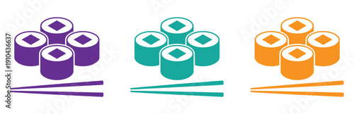 Sushi icon symbol. Sushi sign. Sushi rolls and chopsticks vector icon isolated on white background. 
