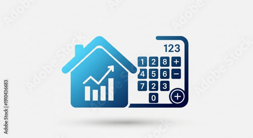 Home finance concept with calculator and house icon showing growth graph for investment savings and mortgage calculation