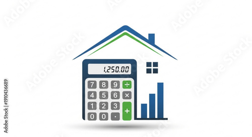 Calculator and house with bar graph symbolizing financial planning and home budgeting