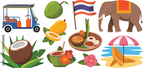 Thailand Travel Vector Set  Tuk Tuk, Elephant, Tropical Fruits, and Beach Icons