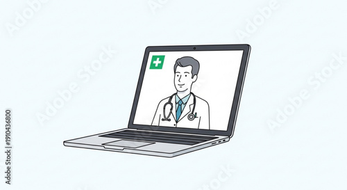 Online doctor consultation on laptop screen with stethoscope