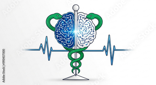 Medical brain illustration with rod of asclepius and heartbeat line symbolizing healthcare and neurology concepts