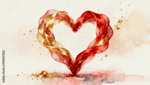 Golden Love Loop Red and Gold Ribbon Heart isolated watercolor vector illustration svg