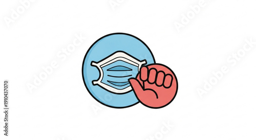 Red hand rejecting a blue face mask on a light blue circle symbolizing refusal or protest against wearing masks minimalist cartoon style