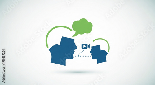 Two people communicating through a digital message with speech bubbles on a white background modern minimalist illustration blue and green color scheme abstract human heads simple