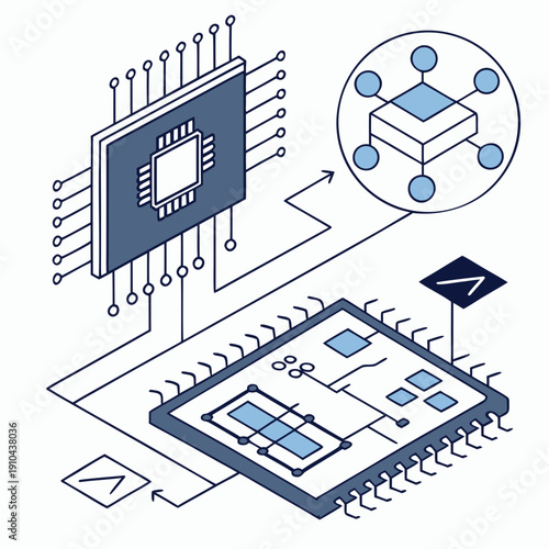 Conceptual vector art for instruction set architecture, illustrating fundamental computer processor components and operations in a clean, abstract style for technology themes