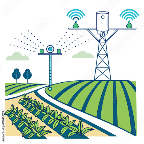 Intelligent irrigation system using sensors in an agricultural field, representing smart farming technology for efficient water management and crop yield optimization, clean vector illustration