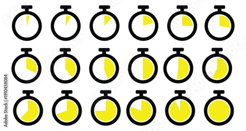 Set of stopwatch icons showing different time intervals with yellow progress segments