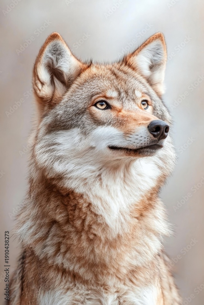 Fototapeta premium A majestic wolf standing confidently, isolate on white background, showcasing its wild beauty.