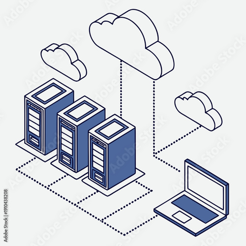 Modern isometric cloud computing infrastructure with floating servers, data centers, and network connections, representing IT solutions.