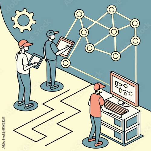 Conceptual vector illustration of a knowledge-based system with rule-driven logic paths, symbolizing AI decision-making and expert systems.