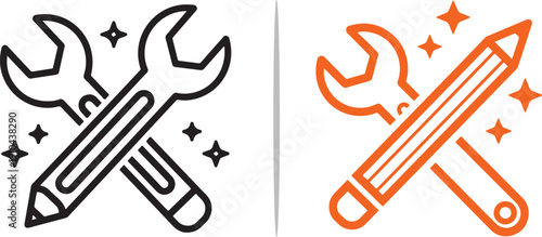 A technical vector set: a black outlined wrench crossed with a pencil alongside a vibrant orange version featuring decorative sparkles, symbolizing professional maintenance and creative design.