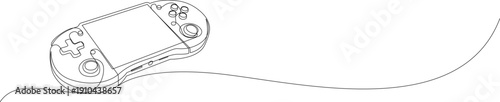 Continuous one line illustration of a portable game console in horizontal layout with copy space. Editable stroke vector for gaming marketing and digital banners.