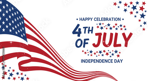 4th of July celebration text with American flag ribbon and stars, for banner or poster