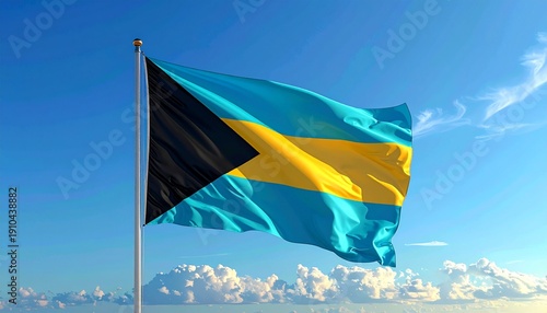 The Bahamas flag flies proudly in the wind, set against a stunning blue sky with fluffy white clouds, evoking feelings of patriotism and national pride.