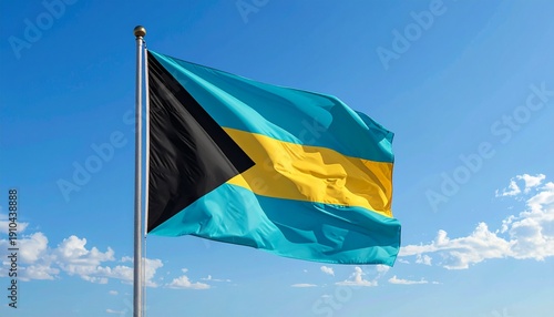 The flag of The Bahamas waving in the wind, symbolizing national pride and tropical paradise, perfect for travel and tourism projects