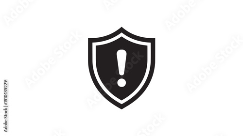 Warning shield icon in simple flat design with exclamation mark in black and white color on plain background for cybersecurity
