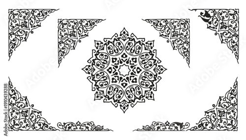 Elegant vector set of intricate black and white floral corner ornaments and a central symmetrical rosette for classic decorative designs, perfect for enhancing borders and traditional projects