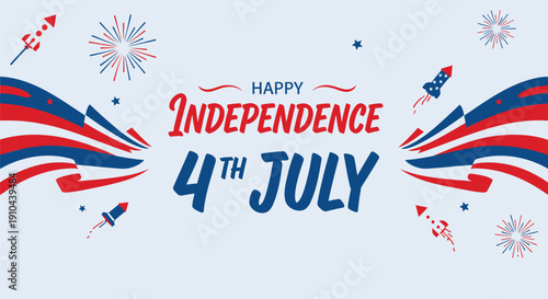 Happy 4th of July Independence Day banner with fireworks and patriotic ribbons, vector illustration for poster or social media
