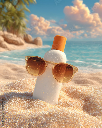 Sunscreen bottle with sunglasses resting on golden sand at a tropical beach. clear blue ocean waves gently lap the shore under a sunny sky. palm trees and fluffy clouds enhance the summer vacation atm