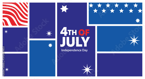 4th of July Independence Day vector banner with blue squares and white stars, for website or social media, overlay effect, patriotic background