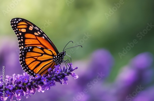 Delicate orange and black butterfly perched on vibrant purple flowers with soft green blurred background, peaceful and serene mood