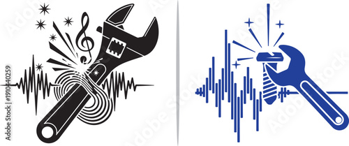 A black and white vector of a wrench adjusting a treble clef and sound waves, paired with a blue wrench tightening a bolt on a digital waveform, symbolizing professional audio repair and tuning.