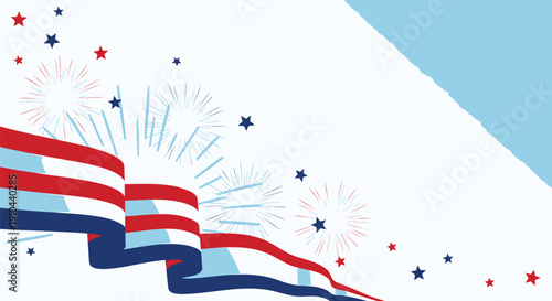 Patriotic ribbon banner with fireworks and stars, vector illustration for Independence Day or Memorial Day, overlay effect for website or social media, Isolated on transparent background, png