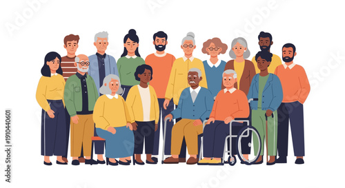 Diverse group of people with different abilities standing together, conveying unity and inclusivity in a flat, colorful illustration with a clean white background.